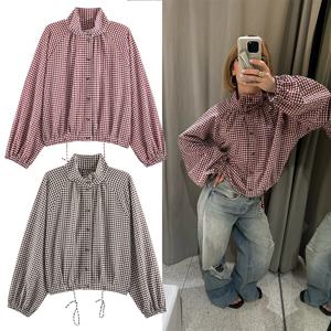 여성용 플레이드 재킷, 빈티지 깅엄 체크 코트, 스탠드 칼라 긴소매 버튼업 아우터웨어, 루즈 캐주얼 가을 윈드브레이커