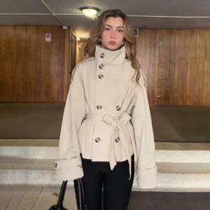 여성용 크롭 트렌치 코트 하이 스탠드 칼라 더블 브레스티드 허리 벨트 숏 윈드브레이커 데일리 통근 데이트 캐주얼 아우터웨어