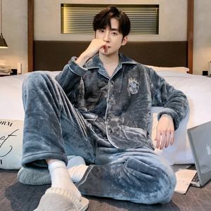 남성용 겨울 긴팔 두꺼운 따뜻한 플란넬 잠옷 세트, 코랄 벨벳 버튼 카디건 잠옷 수트, 파자마 홈웨어 의류