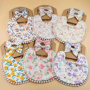 3 개/대 꽃 프린트 코튼 린넨 아기 소년 소녀 Bibs 탄성 나일론 머리띠 더블 데크 타액 수건 먹이 두건 앞치마 Burp