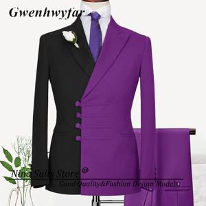 Gwenhwyfar 남성용 턱시도 버튼 정장, 퍼플 블랙 네이비 버건디 그린 레드 블레이저 바지, 파티용 코스튬 디자인, 2024 신제품