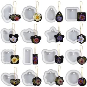 구멍이있는 16PCS 실리콘 쥬얼리 금형 키트 DIY 하트 UV 에폭시 수지 금형 목걸이 키 체인 펜던트 귀걸이 금형 세트 만들기