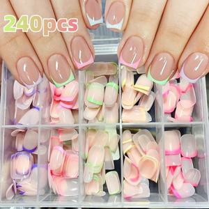 240/120pcs 여름 다채로운 가짜 손톱 손톱에 짧은 사각형 프레스 프랑스어 아크릴 매니큐어 네일 아트 광택 전체 커버 거짓 손톱