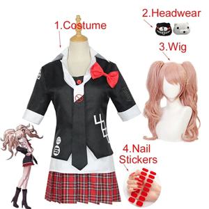 애니메이션 Danganronpa 코스프레 의상 에노시마 준코 유니폼 카페 작업복 짧은 치마 더블 테일 브레이드 가발 ged