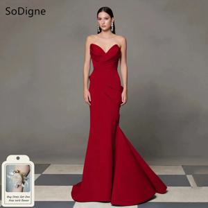 SoDigne 우아한 레드 이브닝 드레스 끈이 없는 민소매 주름 파티 드레스 간단한 인어 바닥 길이 댄스 파티 드레스 맞춤형