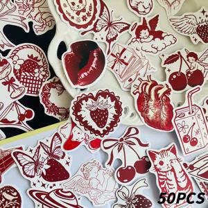 50PCS 빈티지 레드 발렌타인 데이 스티커 DIY 장식 스티커 스크랩북 노트북 수하물 컵 전화 케이스 인기 스티커