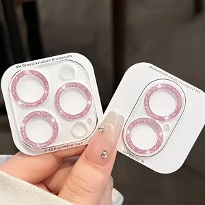 1PC 핑크 글리터 카메라 렌즈 보호필름 아이폰 17-11 Pro Max 9H HD 투명 스크래치 방지 케이스 호환 풀커버