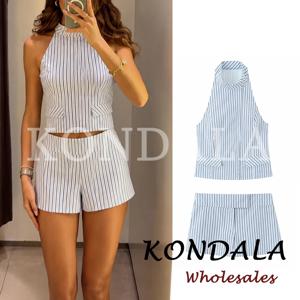 KONDALA 블루 스트라이프 여성 섹시한 정장 싱글 브레스트 슬림 조끼 + 로우 허리 지퍼 반바지 패션 여성 2026 여름 캐주얼 세트