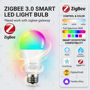 Zigbee 3.0 스마트 LED 전구 E27 RGBCW 디밍 가능 조명 2700-6500K 램프는 Alexa Echo와 호환됩니다. Zigbee2MQTT 홈 어시스턴트는 게이트웨이가 필요합니다.