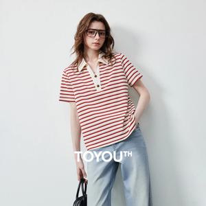 TOYOUTH 여성용 티셔츠 2026 여름 신상품 할로우 스트라이프 컬러 블록 폴로 칼라 해양 스타일 탑, 루즈핏 빈티지 티셔츠