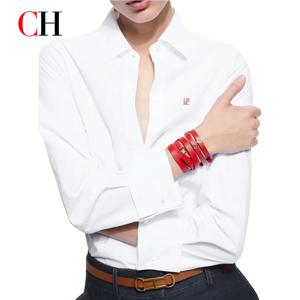 CH 여성 의류 - 여성용 흰색 버튼다운 셔츠 CHHC 로고 자수 긴팔 캐주얼 포멀 오피스 블라우스 탑
