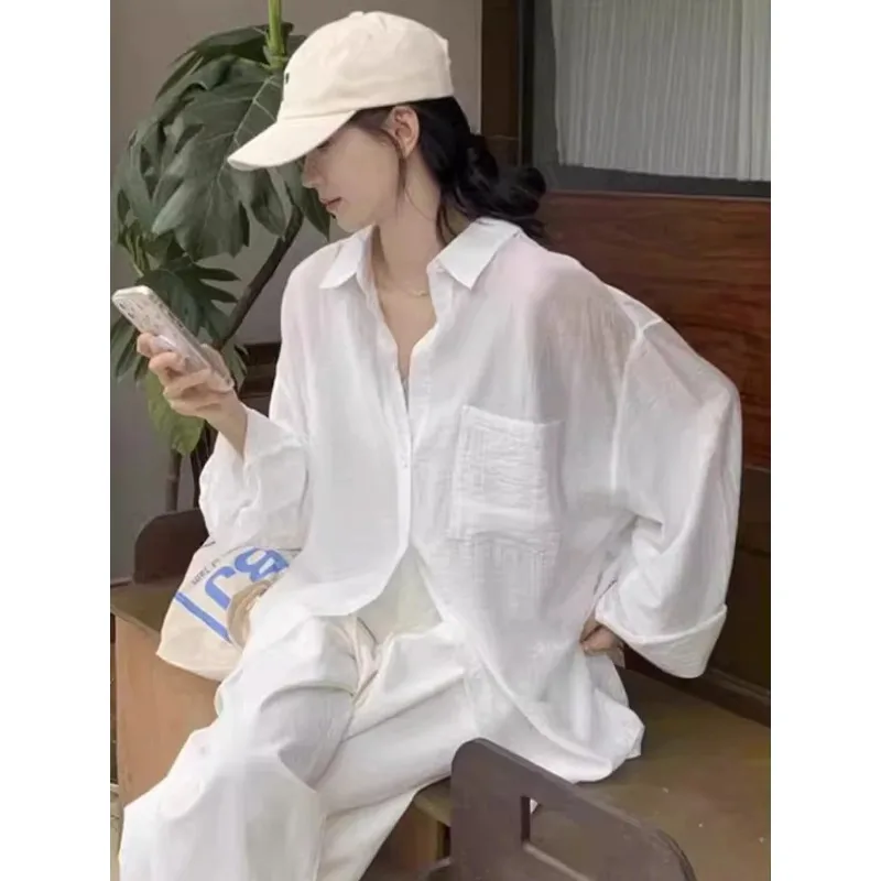 smvp 화이트 썬 프로텍션 셔츠 코트 여성 봄 여름 아우터 얇은 가디건 루즈 슬리밍 캐주얼 긴팔 탑