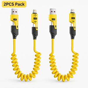 2개입 65W 4 in 1 코일형 USB C 고속 충전 케이블 타입 C iP 데이터 케이블 아연 합금 스프링 케이블 (아이폰, 삼성, 샤오미, 차량용) 1.5M