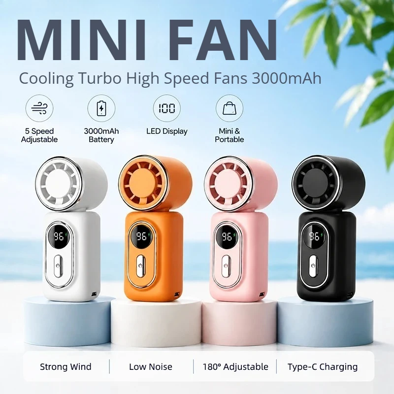미니 팬 휴대용 소형 팬 3000mAh 5단 속도 냉각 터보 180 °   조절 가능한 클립형 LED 디스플레이 타입-C 충전식 휴대용 선풍기