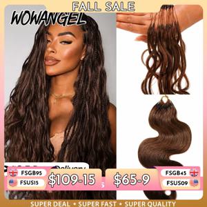 WOWANGEL 초콜릿 브라운 인비저블 미라클 노트 헤어 프리 루프드 페더 헤어 익스텐션 100% 인모 바디 웨이브 크로셰 헤어