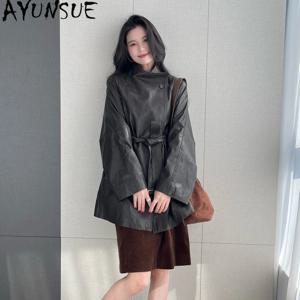 AYUNSUE 100% 양가죽 소재의 여성용 가죽 재킷, 얇은 스타일의 가을 의류, 여성용 중간 길이 코트, 벨트 포함, 천연 식물성 태닝 처리