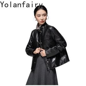 욜란페어리(YOLANFAIRY) 최고급 품질의 100% 천연 양가죽 다운 재킷, 여성용 우아한 짧은 기장의 거위털 코트, 울 칼라 퍼퍼 재킷