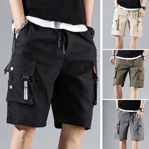 남성 여름 반바지 신축성있는 허리 밴드 Drawstring 반바지 멀티 포켓 스트레이트 와이드 레그 미드 라이즈 스포츠 카고 반바지 streetwear