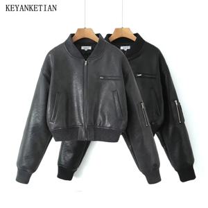 KEYANKETIAN 여성용 패딩 퀼트 모조 가죽 재킷, 미국 레트로 지퍼, 느슨한 인조 가죽 크롭탑, 겨울 신상