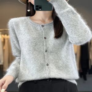 Aliselect 여성 카디건 슈퍼 따뜻한 순수 밍크 캐시미어 스웨터 오-넥 루즈한 여성 의류 여성용 솔리드 컬러 니트웨어 탑