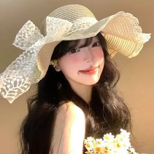 레이스 트림 밀짚 햇빛 가리개 모자 - 접이식&자외선 차단&경량, 최고의 휴가 필수템 새로운 밀짚 햇빛 가리개 모자 리본 장식