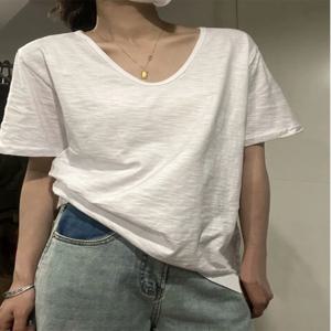 루즈핏 대나무 면 반팔 티셔츠 여성용 화이트 V넥 탑 여름 얇은 퓨어 컬러 베이스 레이어 셔츠 한국 스타일