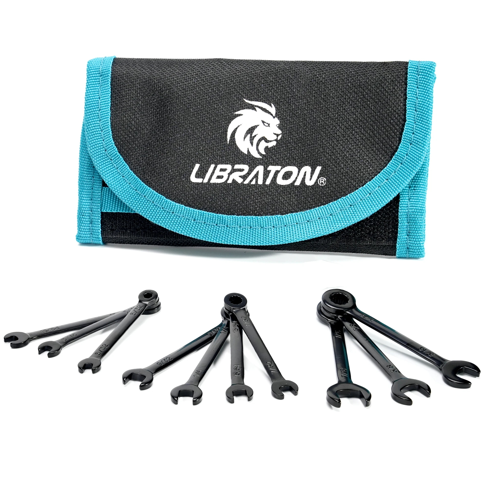 LIBRATON 프리미엄 탄소강 미니 렌치 세트, 경량 정리함 파우치 포함, 메트릭 4-11mm, SAE 5/32 인치-7/16 인치, 10 피스