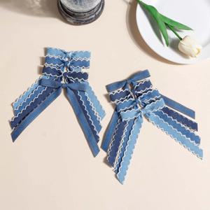 4pcs 블루 데님 긴 꼬리 활 헤어 클립 소녀 포니 테일 액세서리 십대 파티 장식 우아한 바레트 아이 리본 활 머리핀