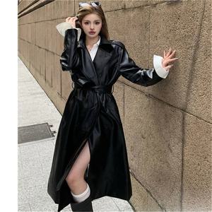 여성 가을 ​​오뜨 꾸뛰르 코트 기질 윈드 브레이커 고품질 벨트 윈드 브레이커에 대한 무릎 갈색 PU 가죽 코트 위에 빈티지 긴