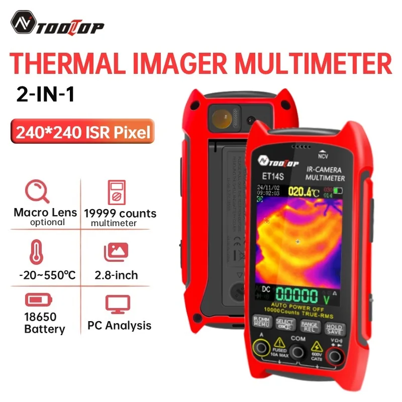 TOOLTOP ET14S 휴대용 ISR 240x240 열화상 카메라 2.8인치 AC/DC 멀티미터 자동차 파이프라인 전기 결함 감지