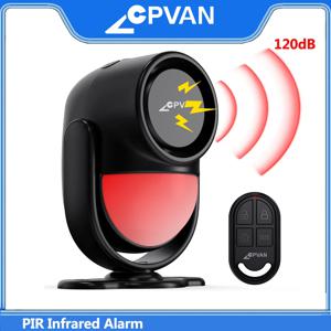 CPVAN PIR 적외선 동작 감지 경보기, 120 데시벨의 강력한 소리를 내는 가정용 방범 경보기, 원격 제어 및 문 센서가 포함된 동작 감지 센서