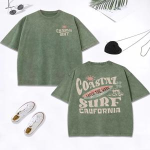 Coastal Surf Catch The Wave California 프린트 워시 티셔츠 여성 코튼 오버 사이즈 탑 디스트레스드 o 넥 T 셔츠 여름 옷