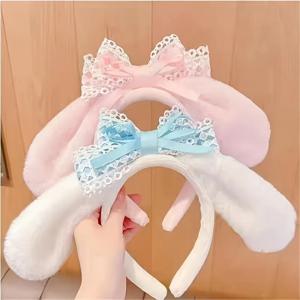 사랑스러운 Cinnamoroll 귀 머리띠와 활 푹신한 강아지 헤드 피스 여성용 할로윈 코스프레 액세서리