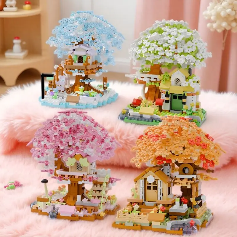 600개 이상의 4색 벚꽃 나무집 빌딩 블록 장난감, 침실 및 공부방 조립 디스플레이, 명절 선물(상자 없음)