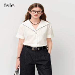 FSLE 2026 여름 여성용 세일러 칼라 쉘 자수 반팔 셔츠 프레피 버튼다운 블라우스, 반항적인 프레프 스타일