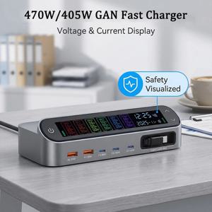 새로운 470W/405W GAN 고속 충전기 LCD 디스플레이 화면 탑재, 멀티 포트 140W 타입 C 데스크탑 충전, 65W 확장 가능 충전 케이블 포함