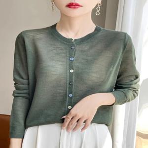 싱글 브레스티드 화려한 버튼 탑 2026 봄 여름 얇은 아이스 실크 니트 여성용 가디건 O넥 긴팔 루즈핏 니트 코트