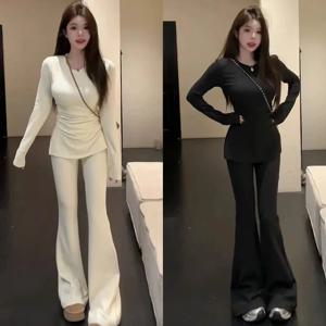 가을 겨울 여성 패션 캐주얼 슬림핏 긴팔 티셔츠 와이드 레그 팬츠 투피스 세트 스플릿 디자인 편안한 착용감