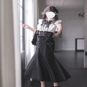 우아한 레이스 셔츠와 피쉬테일 롱 스커트 투피스 세트 여름 컬렉션 여성 패션 하이웨이스트 아비 스타일 클리어 시리즈
