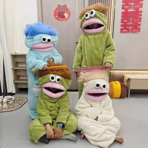아이들을 위한 재미있는 큰 입 몬스터 원지 파자마, 털이 있는 겨울용 따뜻한 가족 커플룩 홈웨어, 만화 캐릭터 할로윈 파티 점프수트
