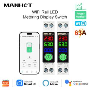 MANHOT WiFi 스마트 회로 차단기 1P+N 63A Din 레일 스위치(LED 계량 디스플레이 포함) Tuya Alexa용 스마트 차단기 음성 제어