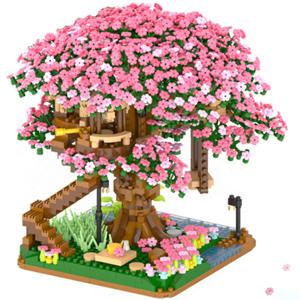 2138pcs DIY 변색 벚꽃 꽃 핑크 트리 하우스 기차 조립 빌딩 블록 클래식 모델 벽돌 세트 아이