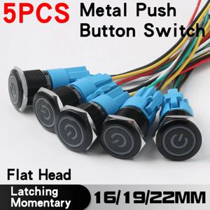 블랙 쉘 플랫 헤드 방수 금속 단추 스위치, LED 순간 리셋 래칭 단추 스위치, 12V, 24V, 220V, 16mm, 19mm, 22mm, 5 개