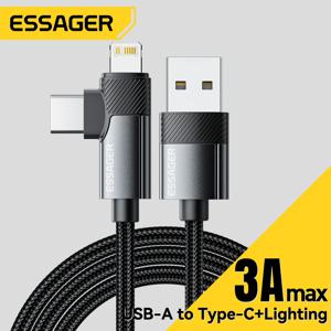 Essager PD 2 in 1 USB A 케이블 90도 각도 유형 C/번개 고속 충전 케이블 iPhone 16 15 14Pro Max iPad Xiaomi Huawei