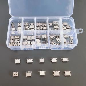 100개/박스, 10가지 모델의 Type-C USB 충전 도크 커넥터 세트. 6핀 및 16핀 모델이 혼합되어 있으며, 휴대폰 및 디지털 제품 수리 키트에 사용됩니다.