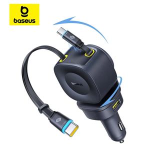 베이스어스 차량용 충전기 60W 100W 30W 240W 4포트 내장 듀얼 접이식 케이블 PD 고속 충전 USB 타입-C 차량용 휴대폰 충전기
