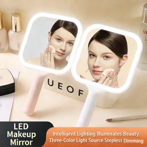 휴대용 LED 스마트 핸드헬드 3색 조명 메이크업 거울 터치 거울 사각형 메이크업 화장대 거울 손잡이 포함