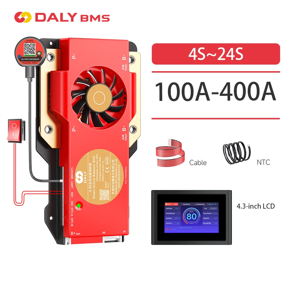 DALY 스마트 BMS LiFePo4 4S 12V 8S 24V 16S 48V 100A 150A 200A 300A 500A 액티브 밸런스 1A BMS (LCD, RS485, UART, WIFI, 키 포함)