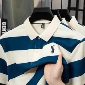 남성용 대비색 스트라이프 라펠 반팔 티셔츠, 여름 아빠룩, 새로운 멋진 POLO 탑