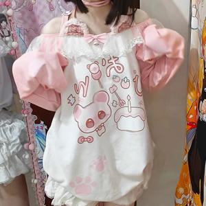 여성 의류 Kawaii arcane Anime 프린트 티셔츠 가을 새로운 서브컬쳐 핑크 긴팔 티셔츠 패션 홀터 디자인 센스